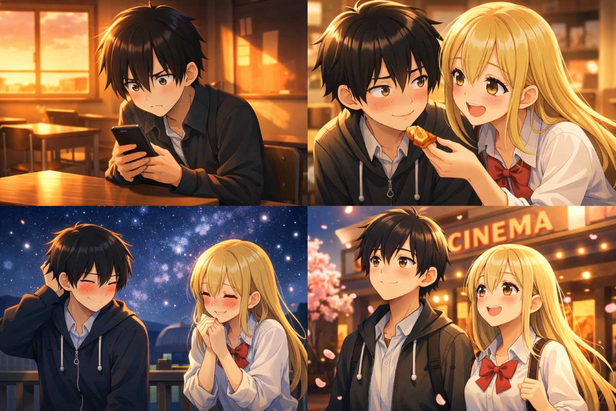 夕暮れの教室でショックを受ける少年、距離感の近い美少女との交流、夜の学校で顔を赤らめる様子、映画館の前で期待に満ちた二人の姿を描いた4コマ風アニメイラストのイメージ