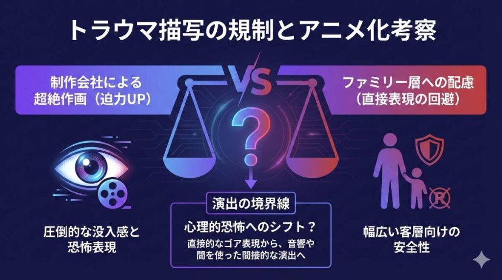 アニメ映画版ちいかわの表現規制に関する考察図解。CygamesPicturesの超絶作画と、ファミリー層向け配慮のバランスが分かる比較図。