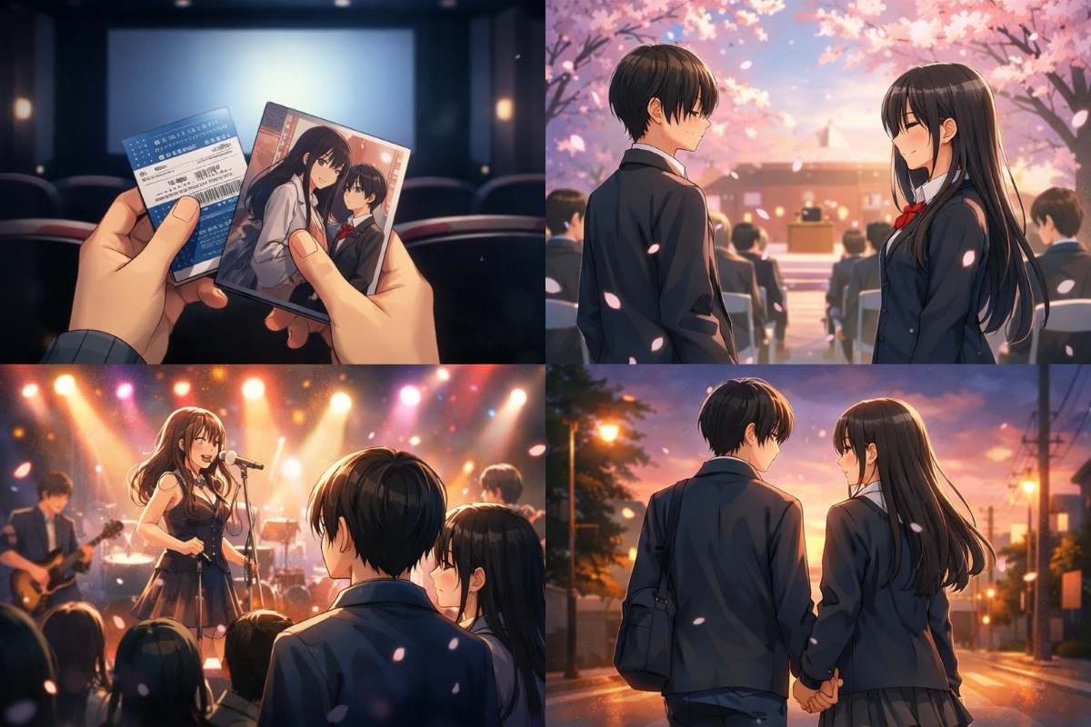 映画館で特典漫画を手にする様子と、劇中のライブシーンや桜舞う卒業式、夕暮れの帰り道をイメージした4コマ風イラスト