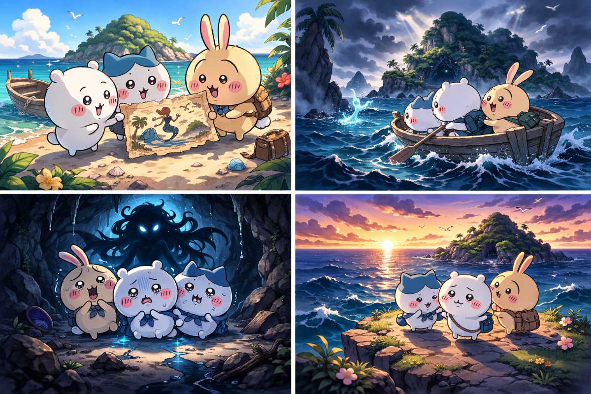 映画『ちいかわ』セイレーン編のイメージイラスト。チラシを見る様子、島への船旅、洞窟で影に怯える姿、夕暮れの海を見つめる様子が4コマで描かれている。