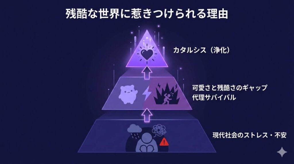 ちいかわの世界観が現代人を惹きつける理由の因果関係図解。可愛さと理不尽な暴力のギャップが、ストレスに対するカタルシスになる構造。