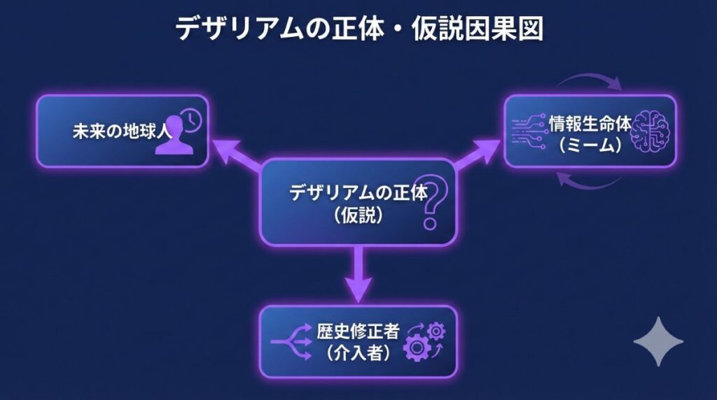 デザリアムの正体に関する主要な仮説を整理した因果図。未来の地球人説や情報生命体説など、第6章への伏線を構造的に分析。