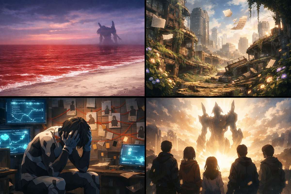 荒廃した赤い大地に佇むエヴァの影と、ヨコオタロウ作品を思わせる退廃的な雰囲気の中で新たな物語を予感させるキャラクターたちのイメージ