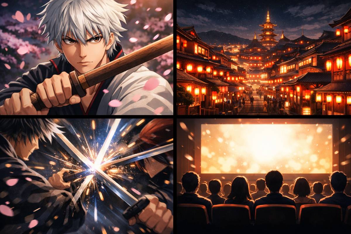銀髪の侍の表情や夜の吉原の街並み、激しい剣撃シーンと映画館でスクリーンを見つめる人々のシルエットを描いたイメージ