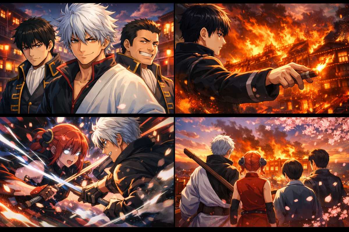 2026年公開の新劇場版「銀魂 -吉原大炎上-」で、銀時と真選組が共闘する様子や、覚醒した神楽と阿伏兎の激しいバトルシーンを描いた4コマ漫画風イラストイメージ