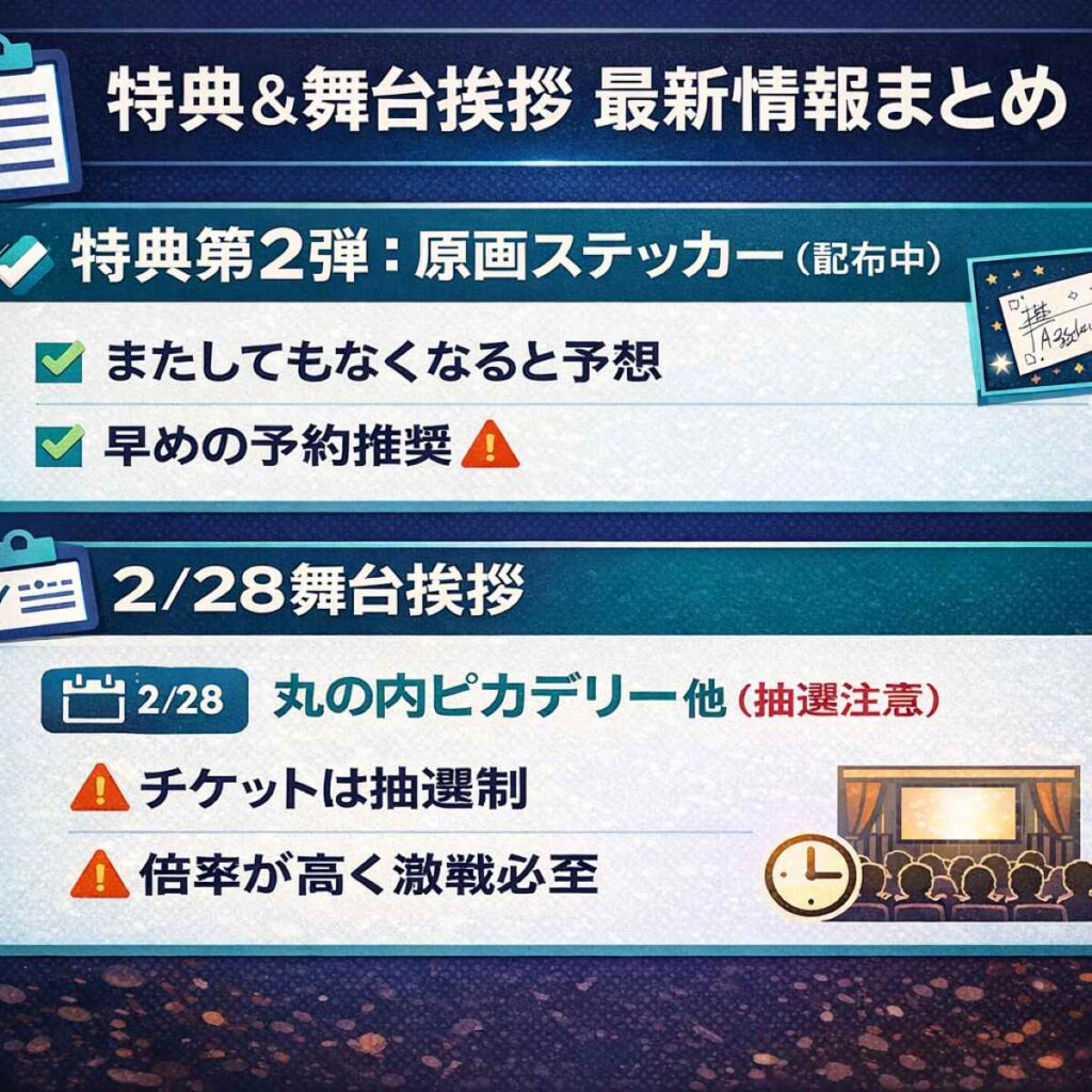 銀魂吉原大炎上の2週目以降の最新情報を整理したリスト。第2弾入場特典の原画ステッカー詳細と、2月28日開催の舞台挨拶日程、およびチケット確保のための注意点をまとめた図解。