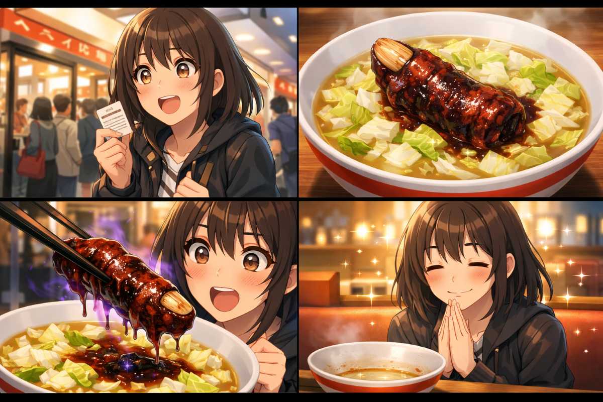 白菜たっぷりのラーメンに乗ったリアルな指の形をしたチャーシューを箸で持ち上げ、完食後に満足げに手を合わせる女性のイメージ