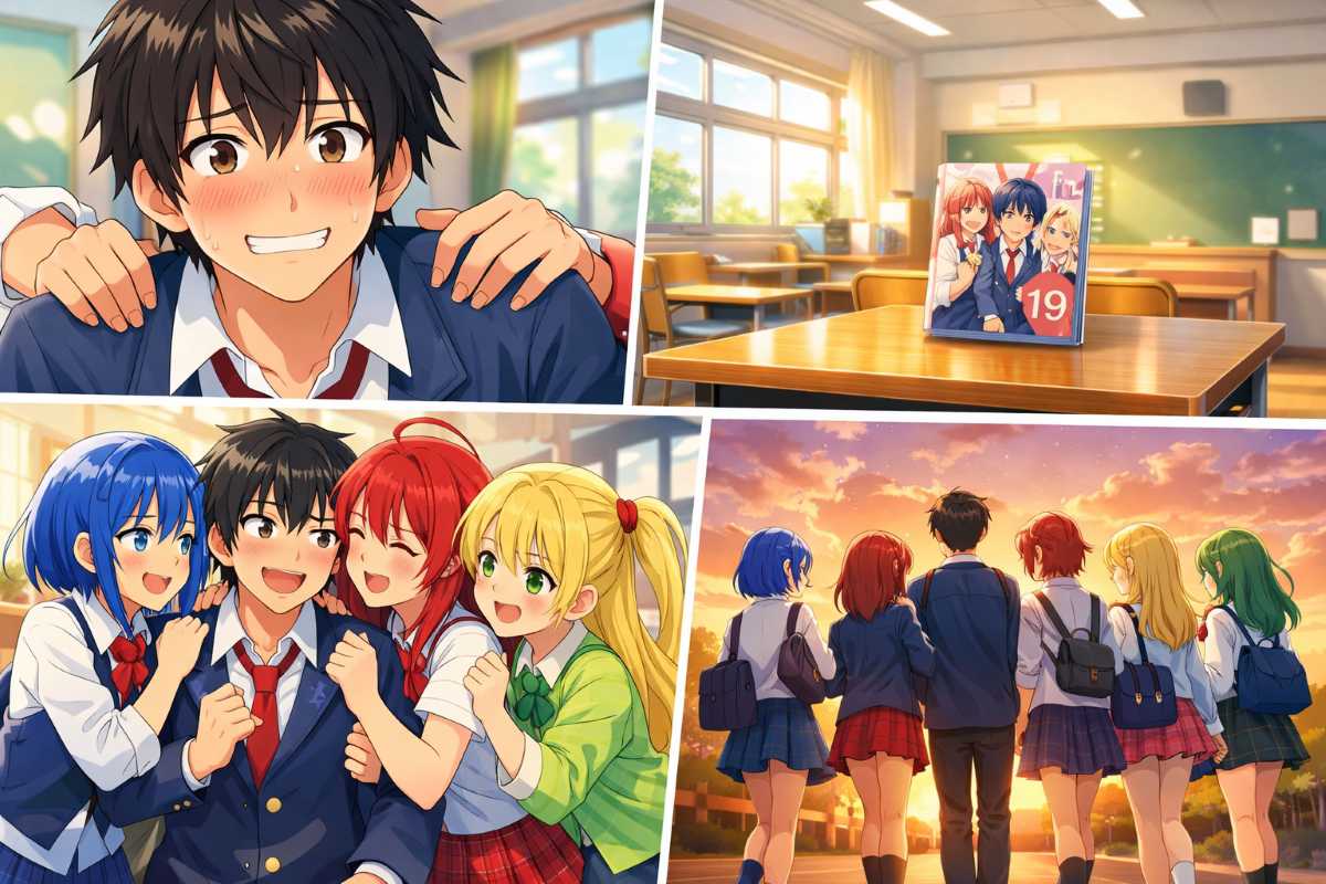 アニメ放送中の漫画『幼馴染とはラブコメにならない』19巻発売と、主人公を囲む4人の幼馴染ヒロインたちのイメージ