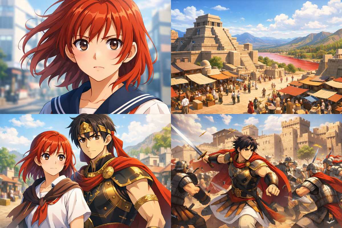 現代の女子高生が古代ヒッタイト帝国で王子と共に運命に立ち向かう様子を4コマで描いたアニメーションイメージ