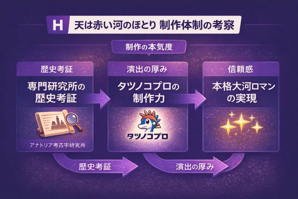 制作陣の本気度を分析した考察図解。中近東文化センター等の専門家による歴史考証が、タツノコプロの技術と合わさることで、単なる恋愛ファンタジーを超えた「本格大河ロマン」としてのクオリティが担保される構造を可視化したマインドマップ風の図解。