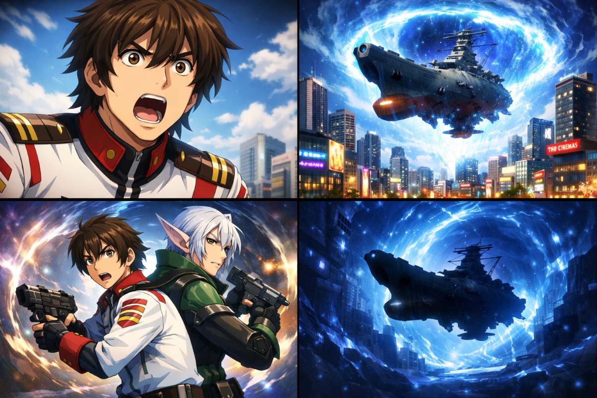 2026年の現代新宿上空にワープした宇宙戦艦ヤマトと、驚愕する主人公たちの様子を4枚のパネルで描いたイメージ