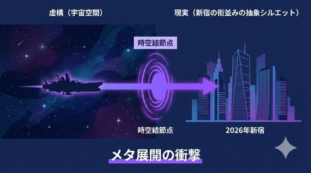 宇宙戦艦ヤマトが時空結節点を抜けて2026年の新宿へ到達するメタ展開の構造図。虚構から現実へ侵食する物語の転換点を視覚化。