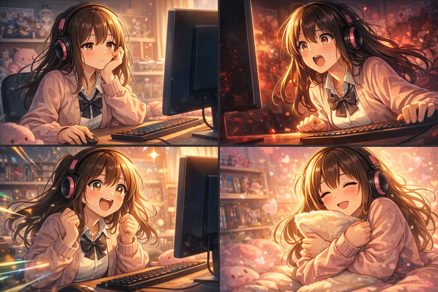 モニターの前で春アニメの衝撃展開や熱いバトル、甘いラブコメに次々と感情を揺さぶられ熱狂する女の子の4コマ風イラストイメージ