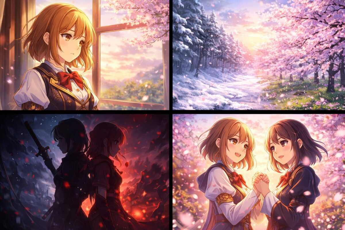 四季の移り変わりと過酷な運命に立ち向かう少女たちの姿を描いた4コマ風のアニメ調イラスト