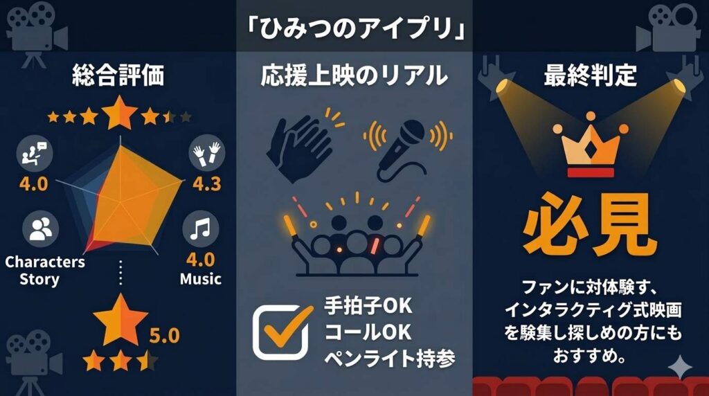 映画ひみつのアイプリの総合評価と応援上映の楽しみ方をまとめた3項目の評価チャート図
