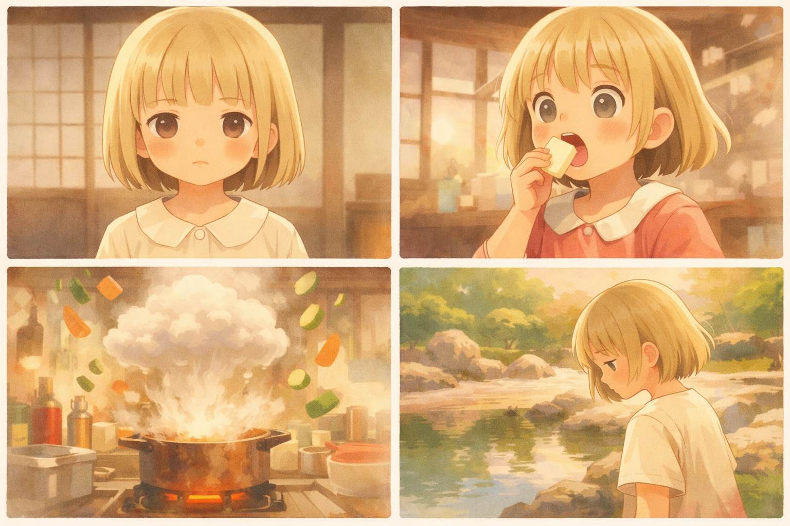 昭和の和室で静止する少女、ホワイトチョコレートを食べて驚く様子、湯気が立ち上る台所、枯山水の庭の池を見つめる少女を描いた4コマ風のアニメイラストイメージ。