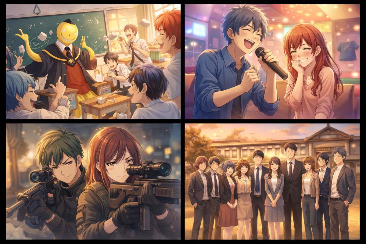 中学校の教室での賑やかな日常、カラオケで歌う少年少女、銃を構える男女、そして大人になった彼らが夕暮れの校舎前で集合写真を撮る様子を描いた4コマ風アニメイラスト