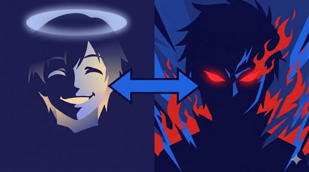 影森アスマの表向きの胡散臭い笑顔と、裏に隠された母への凄まじい復讐心や殺意の対比を示した図解