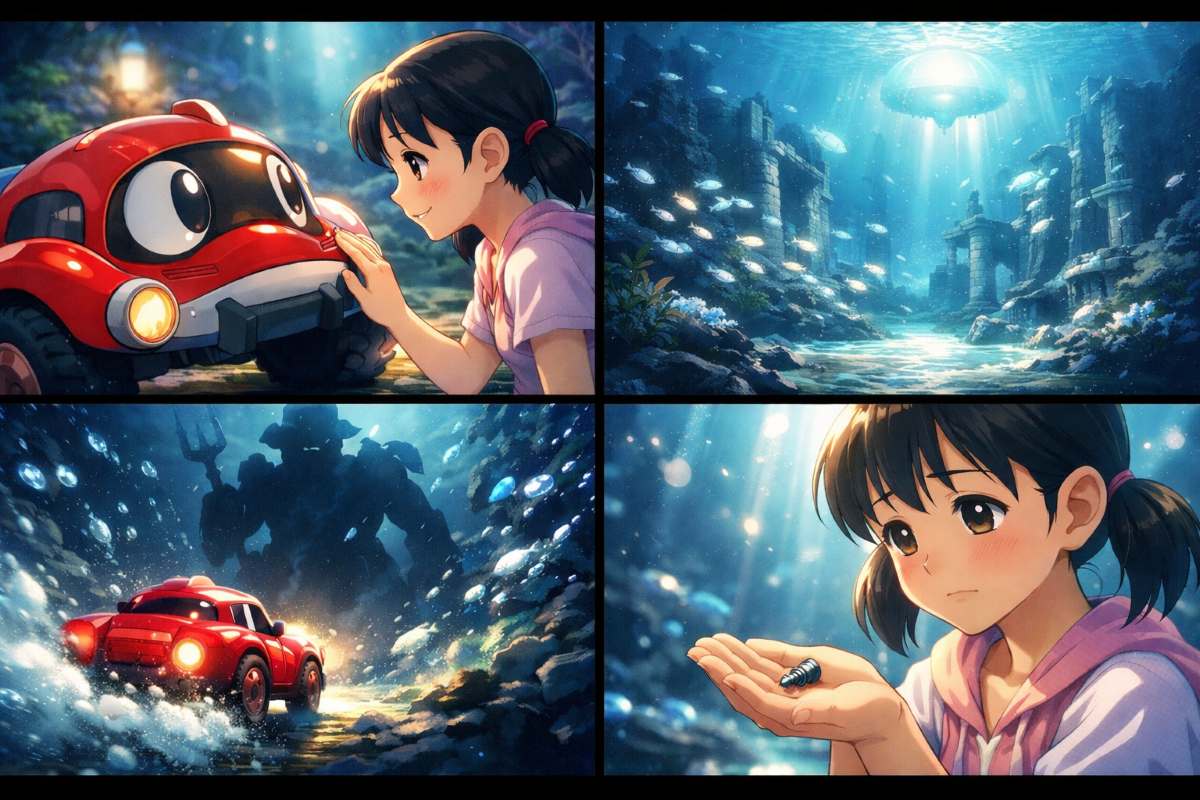 深海のキャンプ地で水中バギーとしずかちゃんが向き合い心を通わせている場面を描いたイメージ