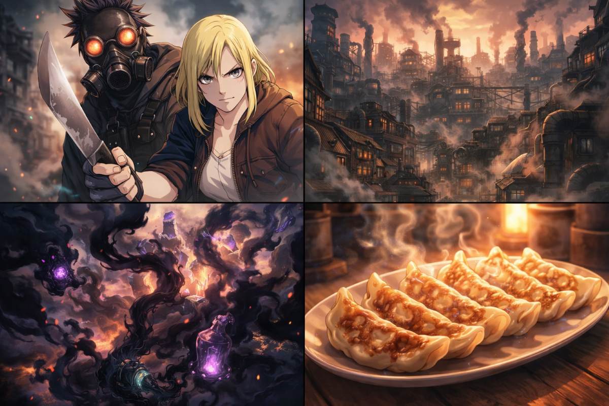 ガスマスクを被った男と包丁を構える女性、そして魔法の煙が漂う街並みと食卓に並ぶギョーザを描いたアニメ風のイメージ