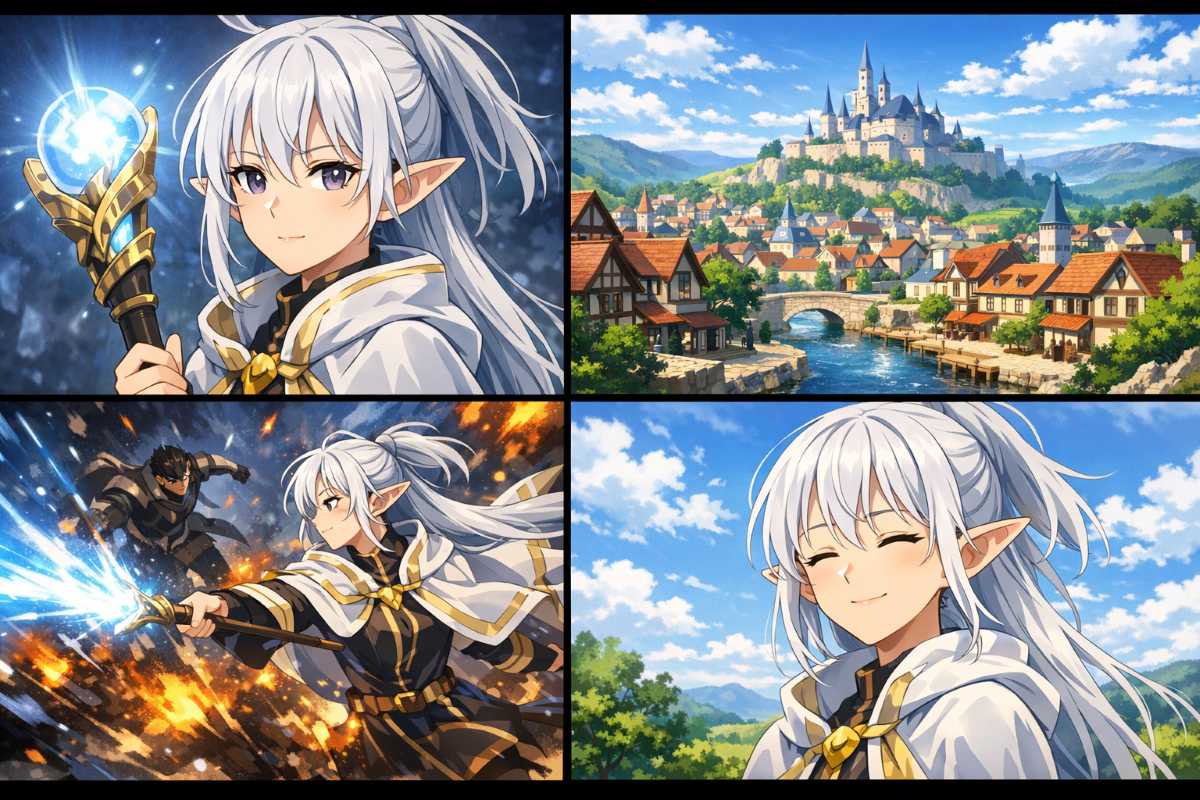 白髪のエルフの魔法使い、鮮やかなファンタジー風景、魔法バトル、穏やかな笑顔が描かれた4コマ風イラストイメージ