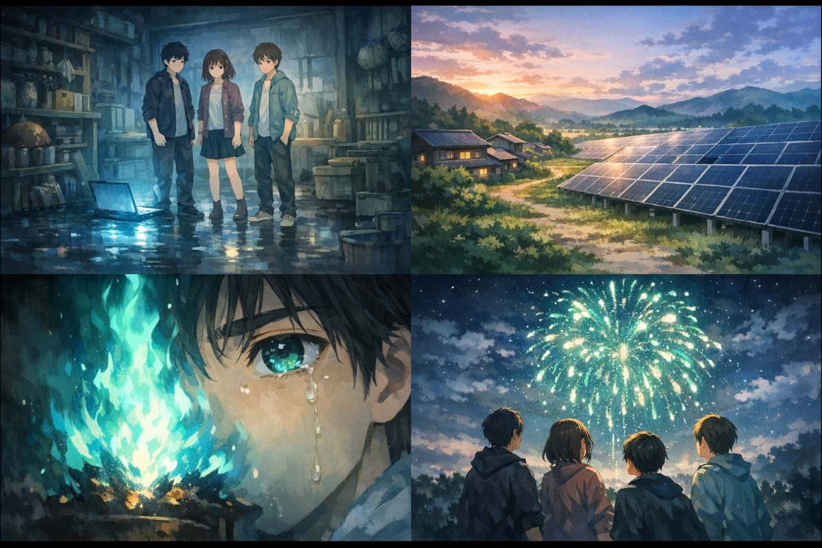 映画『花緑青が明ける日に』の感想イメージ。水面が反射する薄暗い花火工房、自然を侵食するメガソーラー、青緑色に燃え上がる美しい炎、そして夜空に咲くいびつな花火を見上げる若者たちを描いた4コマ風アニメイラスト。