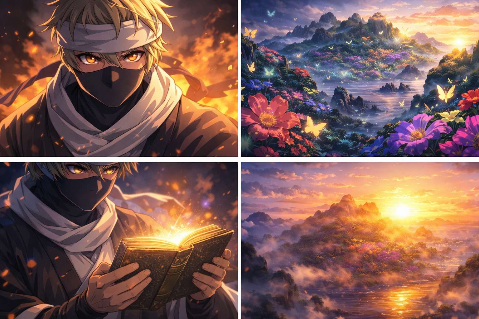 美しくも不気味な花が咲き乱れる神秘的な島で、和風装束の忍者が光り輝く古い書物を見つめながら決意の表情を浮かべるアニメ風イラストイメージ。