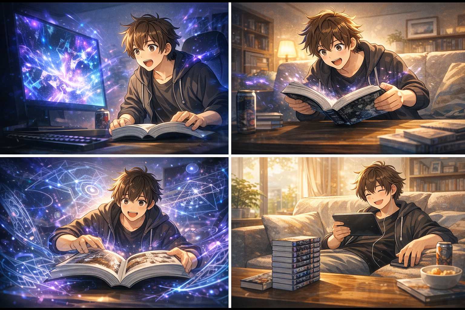深夜の部屋で光るモニターのアニメ映像に興奮し、続きの漫画を夢中でめくる姿や、ソファで動画配信と全巻一気読みを楽しむ休日の様子を描いた4コマ風のイメージ。