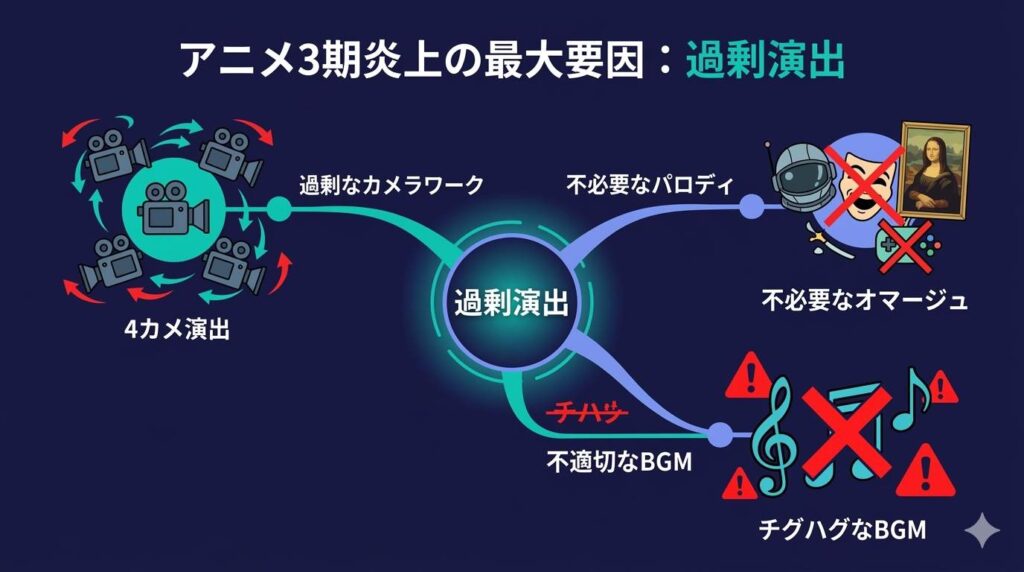 呪術廻戦3期の炎上理由である「過剰なカメラワーク」「不必要なパロディ」「不適切なBGM」といった過剰演出の要素をまとめた図解
