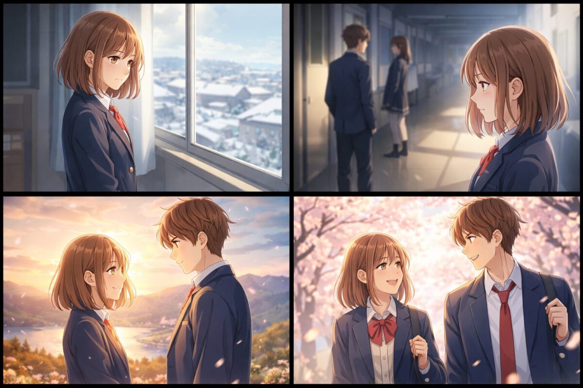 距離のある男女の高校生がすれ違いを経て修学旅行先で心を通わせ、笑顔で歩き出すまでの4コマ風アニメイラスト