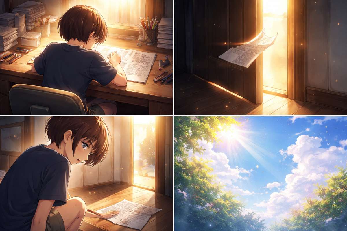 机に向かって一心不乱に漫画を描き続ける少女の背中と、光が差し込むドアの隙間から舞い込んだ漫画の切れ端、そして雨上がりの澄み切った青空のイメージ