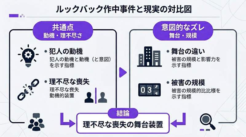 映画『ルックバック』における作中の事件と現実の事件の共通点・相違点、および犯人像が持つ「理不尽な喪失」の象徴としての役割を解説した比較図解