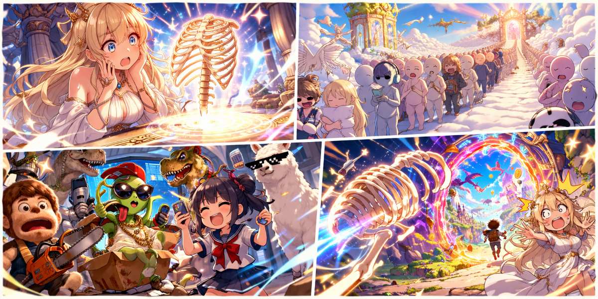 美しい女神と宙に浮く勇者の肋骨を中心に、実写や人形劇などの異質な要素が混ざり合うカオスでシュールな異世界が広がるイメージ