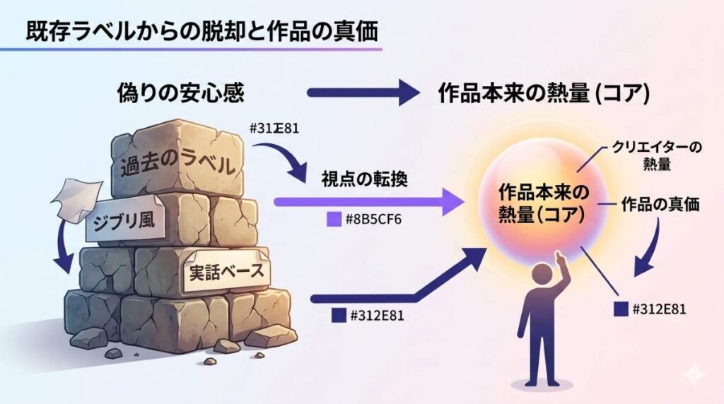 ジブリ風や実話ベースといった過去の名作ラベルに頼る観客の心理と、ラベルを剥がしてクリエイターの熱量そのものを評価する視点の転換を表した概念図