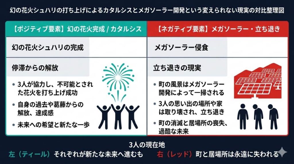 幻の花火シュハリの打ち上げによるカタルシスとメガソーラー開発という変えられない現実の対比整理図