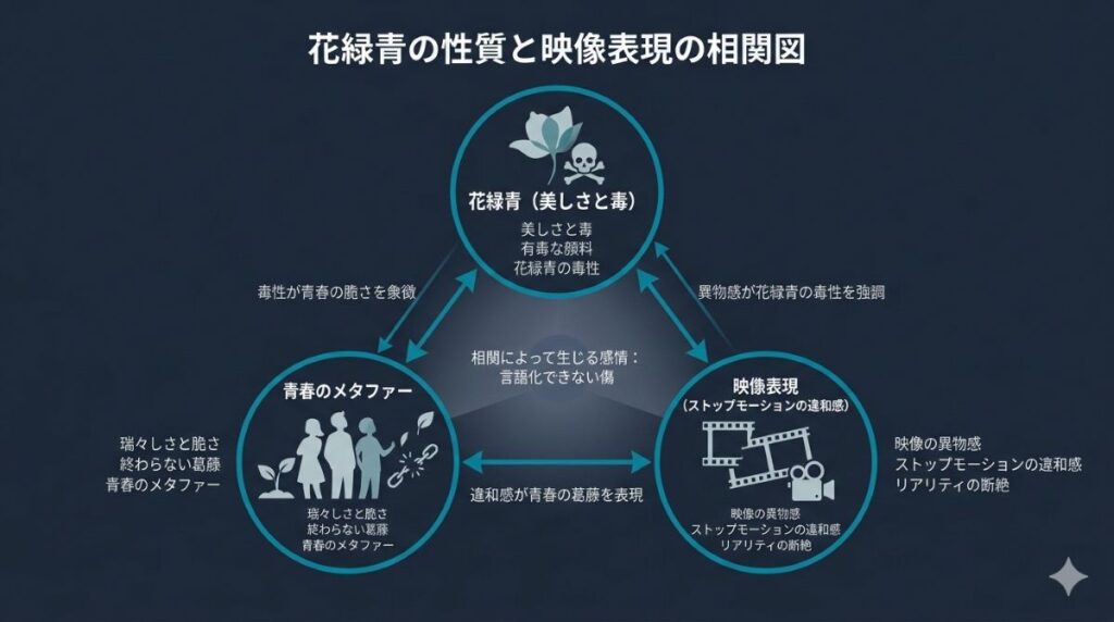 有毒な顔料である花緑青の二面性と実験的な映像表現が示す心理的メタファーの相関図