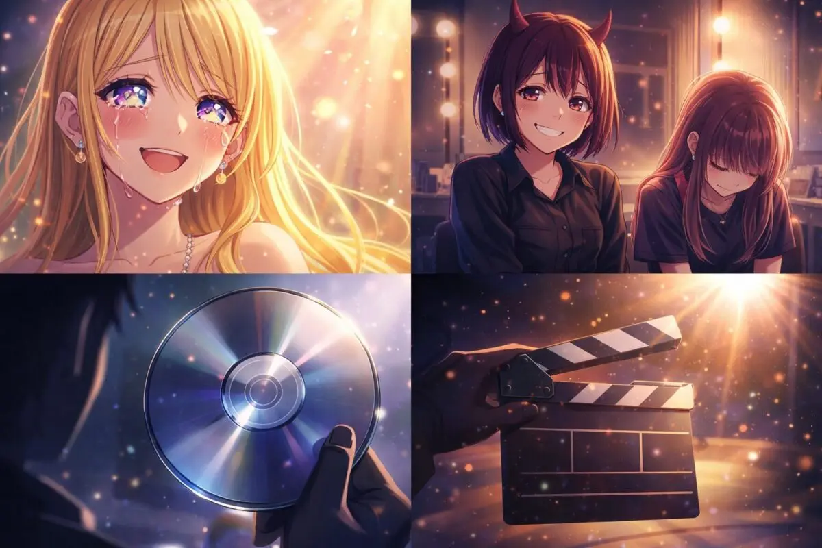 涙を流して微笑む金髪のアイドル、張り詰めた舞台裏、謎めいたDVD、そして映画撮影の始まりを告げるカチンコが描かれた4コマ風のアニメイラストイメージ。