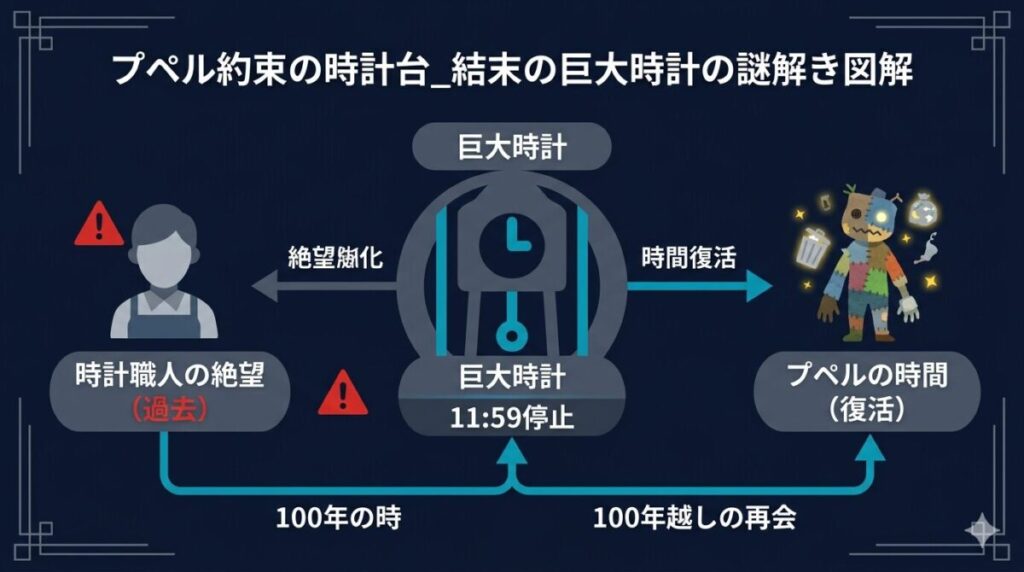 映画『えんとつ町のプペル 約束の時計台』の結末における11時59分で止まった巨大時計の謎とプペルの復活の関係性を示した伏線回収の相関図解イメージ
