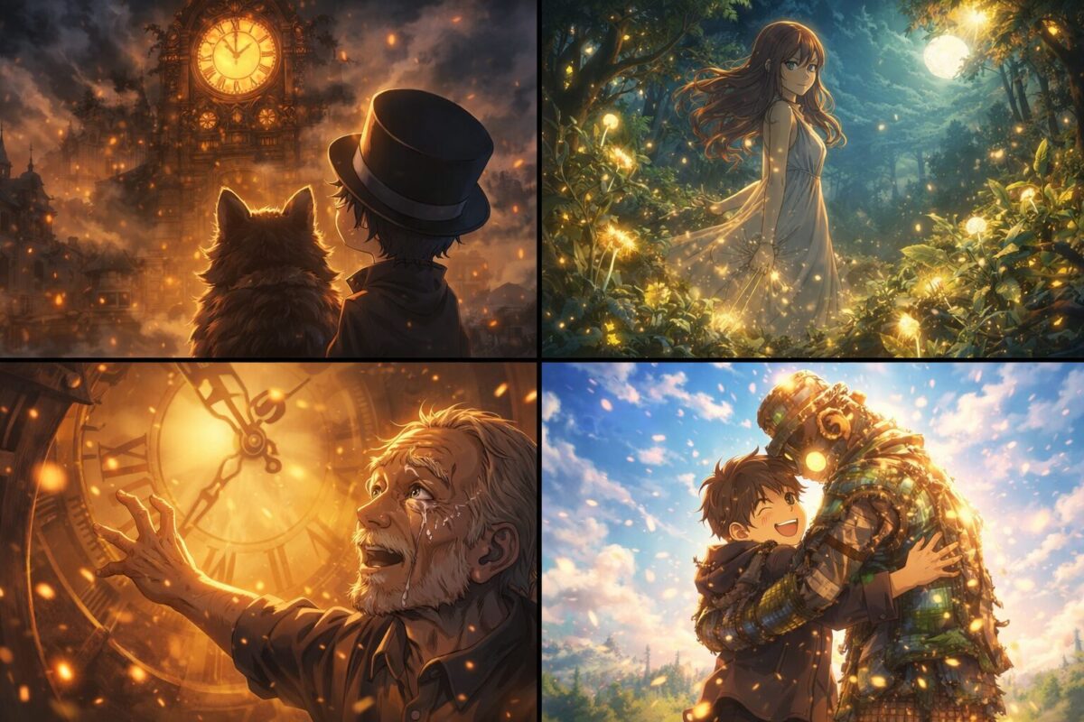 11時59分で止まった巨大時計を見上げる少年と猫、動き出す時計の針に涙する老いた職人、そして再会を喜ぶ感動的なシーンを描いた4コマ風アニメイラストのイメージ