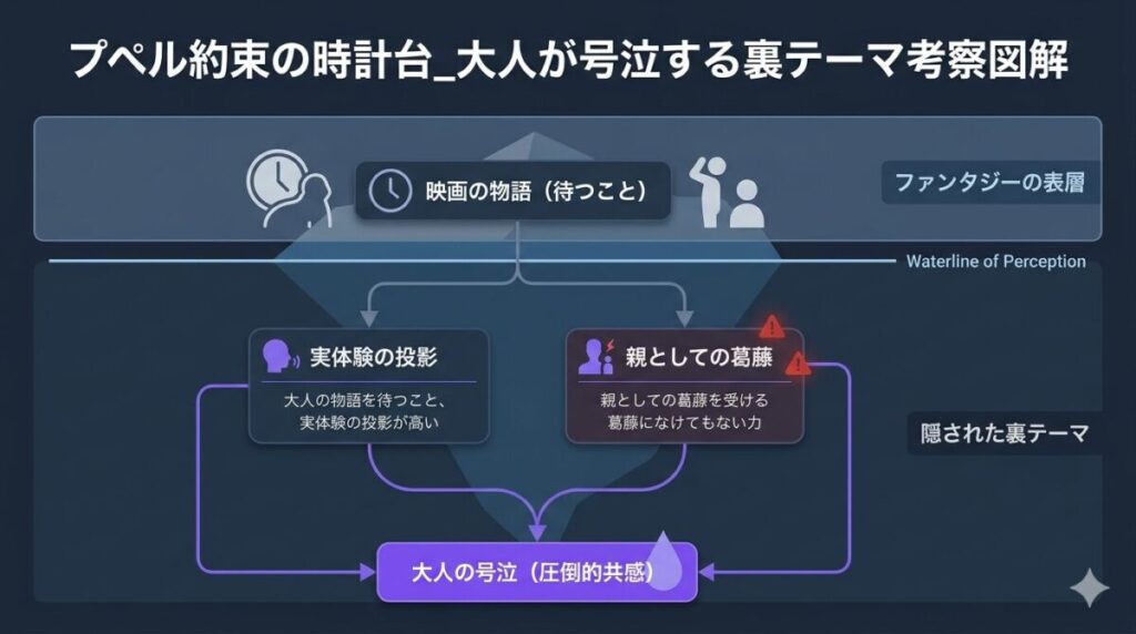 映画『えんとつ町のプペル 約束の時計台』で大人が号泣する裏テーマとして西野氏の実体験や親目線のメッセージを整理した考察の因果関係図解イメージ
