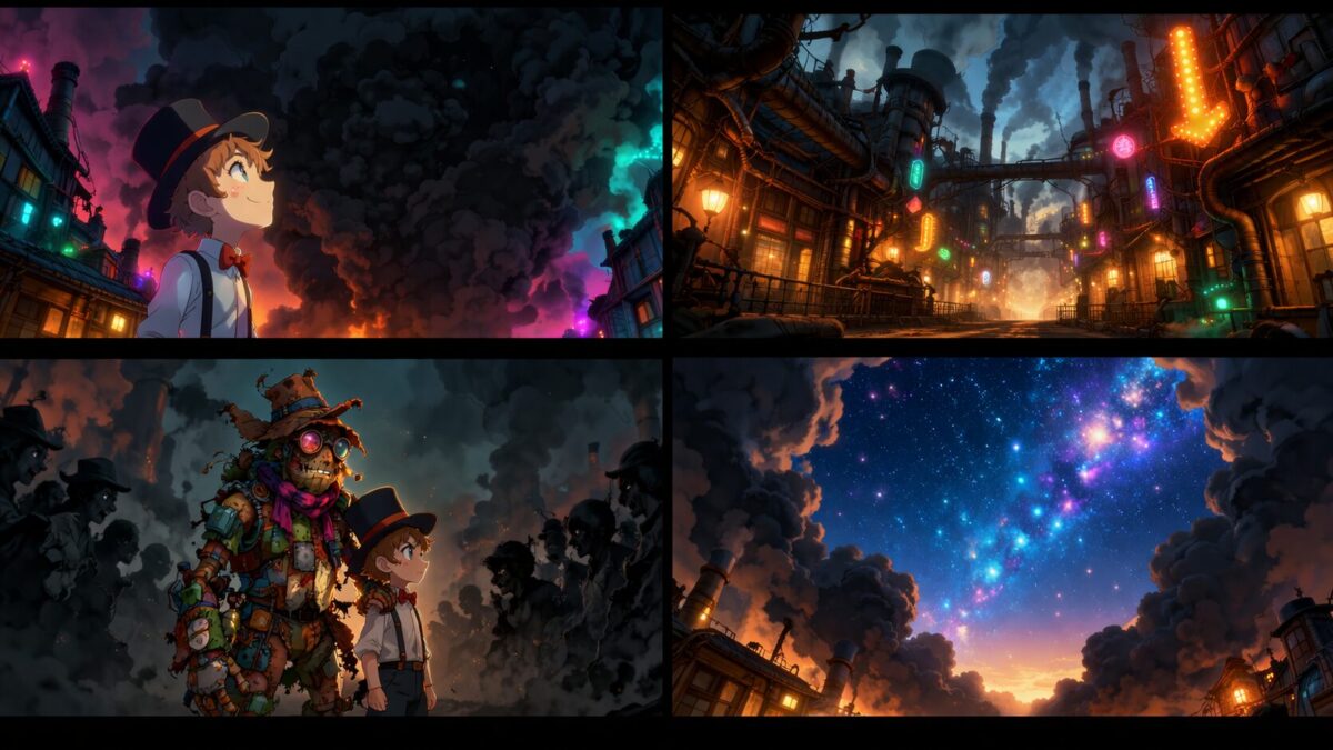 黒い煙とネオンに包まれたスチームパンクの町で、空を見上げる少年とガラクタのキャラクターを描いたアニメ風イメージ