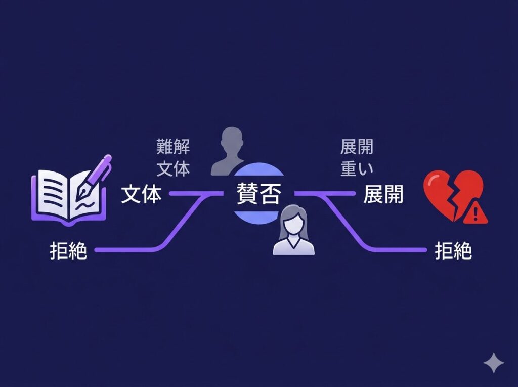 春夏秋冬代行者がつまらないと検索される2つの要因(難解な文体と重いトラウマ展開)が読者を二分する構造を示した因果関係図