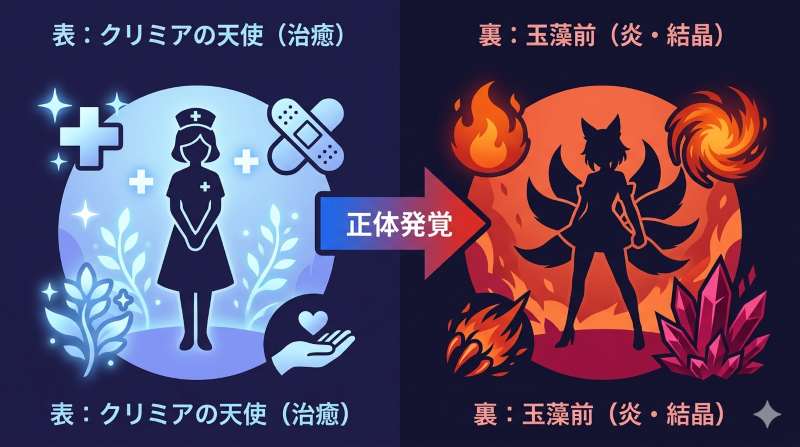 アニメ『リィンカーネーションの花弁』におけるナイチンゲールの正体が偽物(玉藻前の廻り者)であることを示すBefore/After比較図。治癒能力から炎と結晶の殺戮能力への反転が分かる。