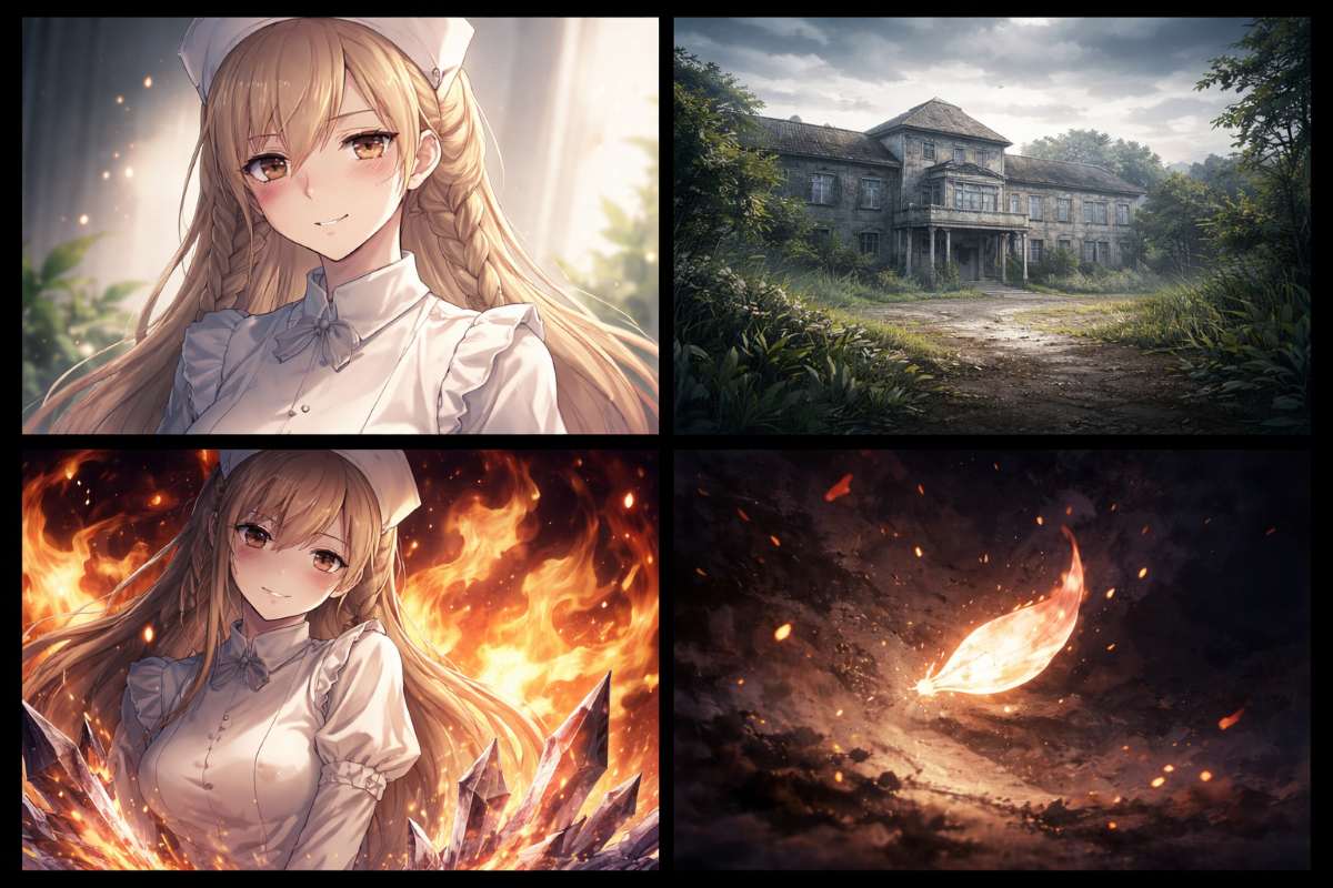 優しい微笑みを浮かべる看護師風の女性と、その背後に渦巻く炎や地表から突き出す結晶、静寂に包まれたサナトリウムの風景が描かれたアニメ調のイメージ