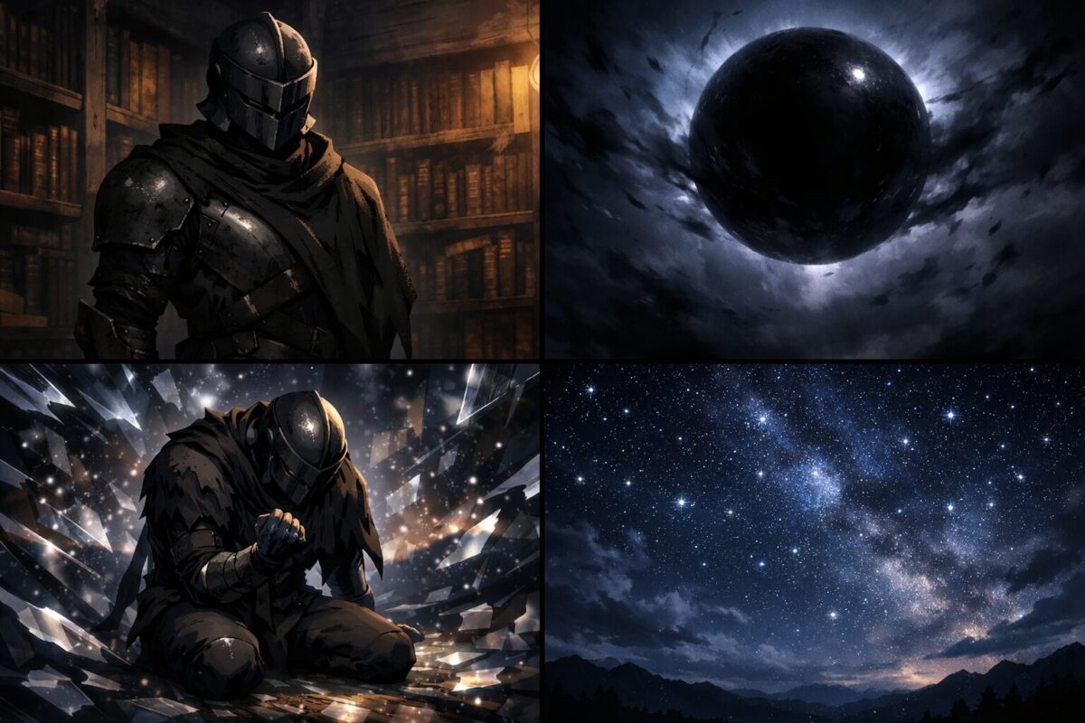 薄暗い書庫に立つ鉄兜の隻腕の男と、宙に浮かぶ漆黒の封印球体、歪んだ空間で苦悩する姿、哀愁漂う美しい星空が描かれた4分割のアニメ風イラスト