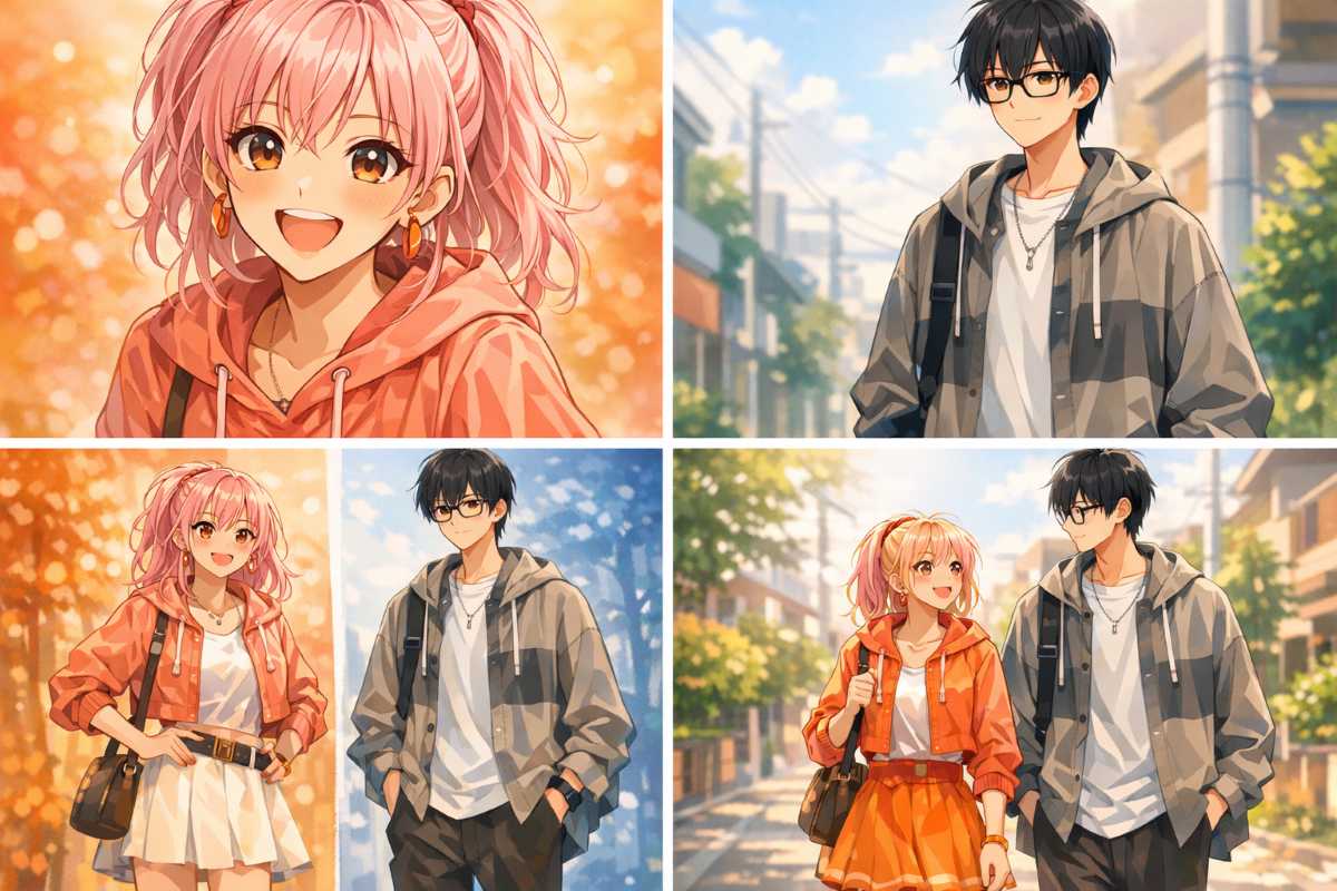 金髪で明るい表情の女子高生と、眼鏡をかけオーバーサイズの服を着た男子高生が並び、対照的なファッションスタイルを見せるアニメ風イラストのイメージ