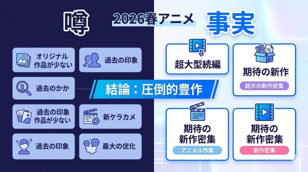 2026年春アニメの「不作」という噂に対する真相と、強力な続編や衝撃作が多数控える客観的なラインナップ評価の比較図解