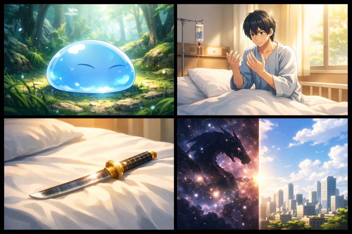 ファンタジー世界の青いスライム、光が差し込む現代の病室、ベッドに置かれた輝く小太刀、そして宇宙を泳ぐドラゴンのシルエットが描かれた4分割のアニメ風イメージ