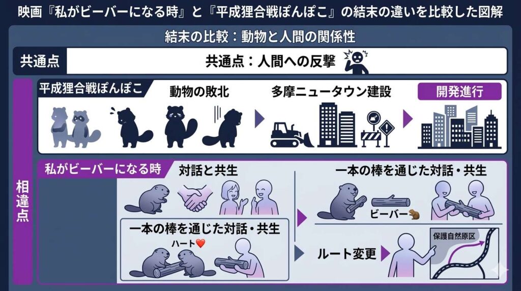映画『私がビーバーになる時』と『平成狸合戦ぽんぽこ』の結末の違いを比較した図解。ぽんぽこの「動物の敗北」に対し、本作が「対話による共生」という別解を提示したことを整理。
