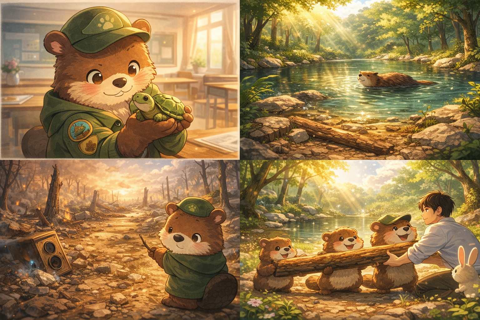 焼け野原の池を背景に、自然を愛する少女とビーバーが瓦礫を運び、一本の木の棒を通じて心を通わせる温かい光景を描いたイメージ